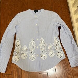 Theory Blue weyland Stripe Embroidered  Button-Down Blouse‎ Size M
